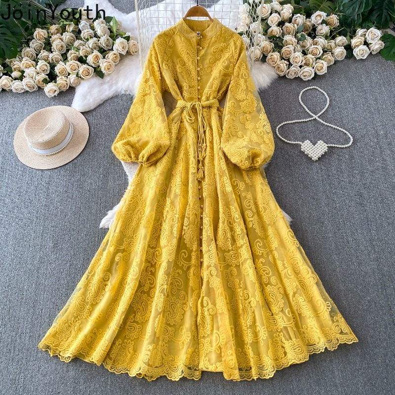 Robes Tunique Vintage pour Femme à Manches Longues, Taille Cintrée, Col Montant, Broderie Dentelle, Robe Longue Maxi 2026