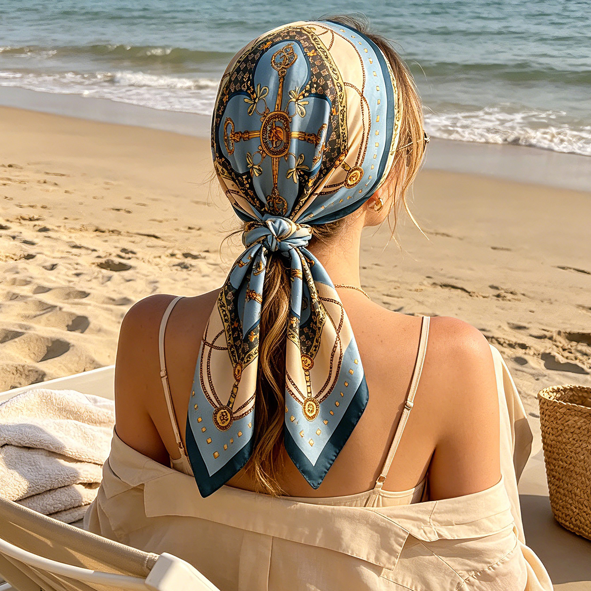 Écharpe de luxe à motif chaîne, foulard carré universel en soie imitation, accessoires vestimentaires, châle, protection, foulard de tête