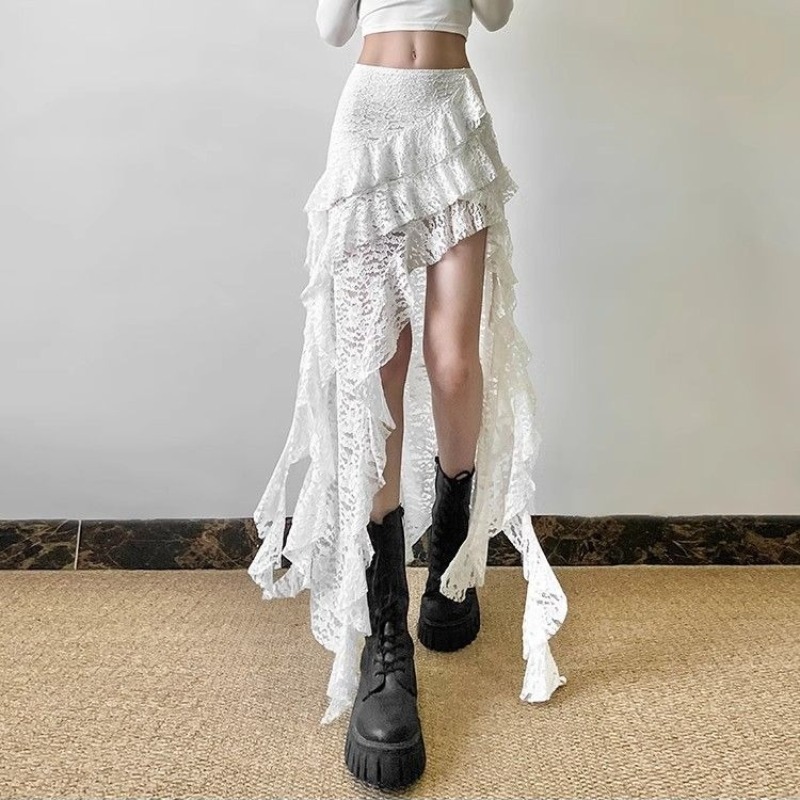 Jupe gothique années 2000, vêtements d'été pour femmes, Gyaru Kpop, Streetwear, dentelle, taille haute, décontractée, esthétique, longue, Hip Hop