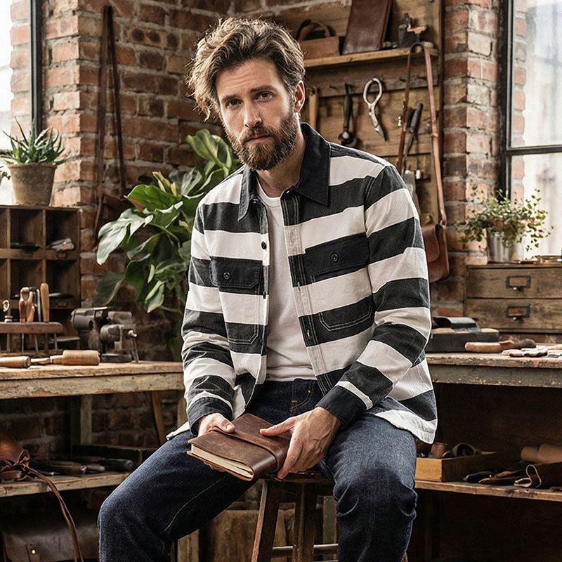 Veste rayée en toile pour hommes, coupe Amekaji, coupe-vent lourd pour motard, veste de travail, vêtements d'extérieur pour hommes, manteaux cargo bomber
