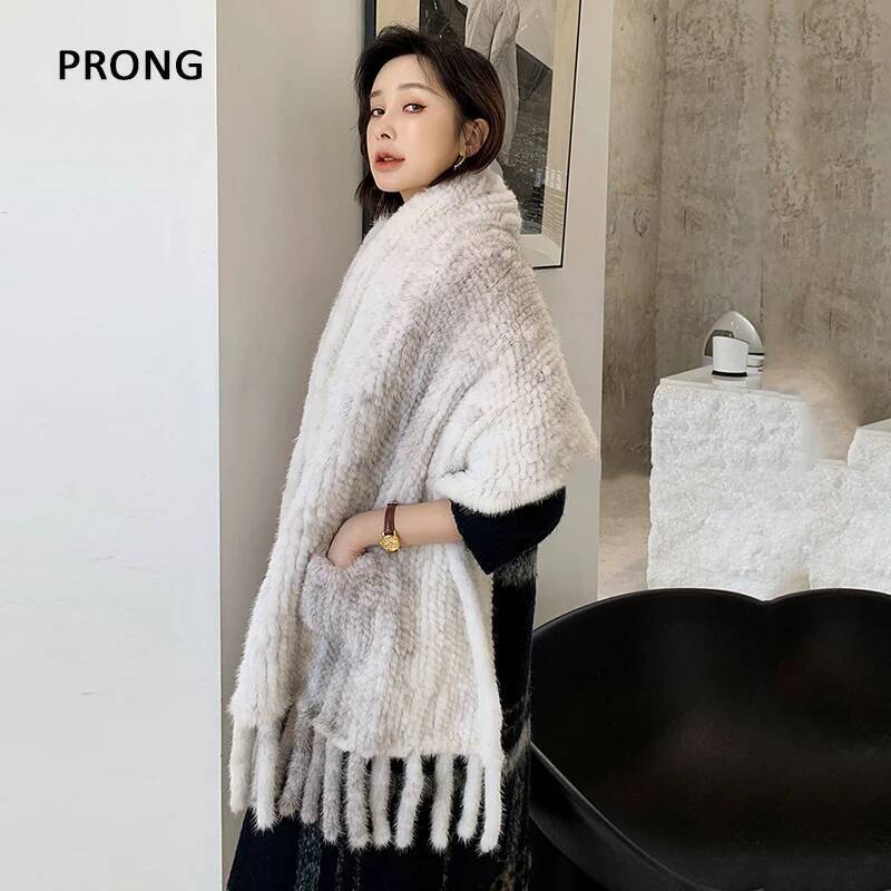 Écharpe en Fourrure de Vison group pour Femme, Style Long, Châles à Franges Naturelles, Pashmina Chaud pour l'Hiver