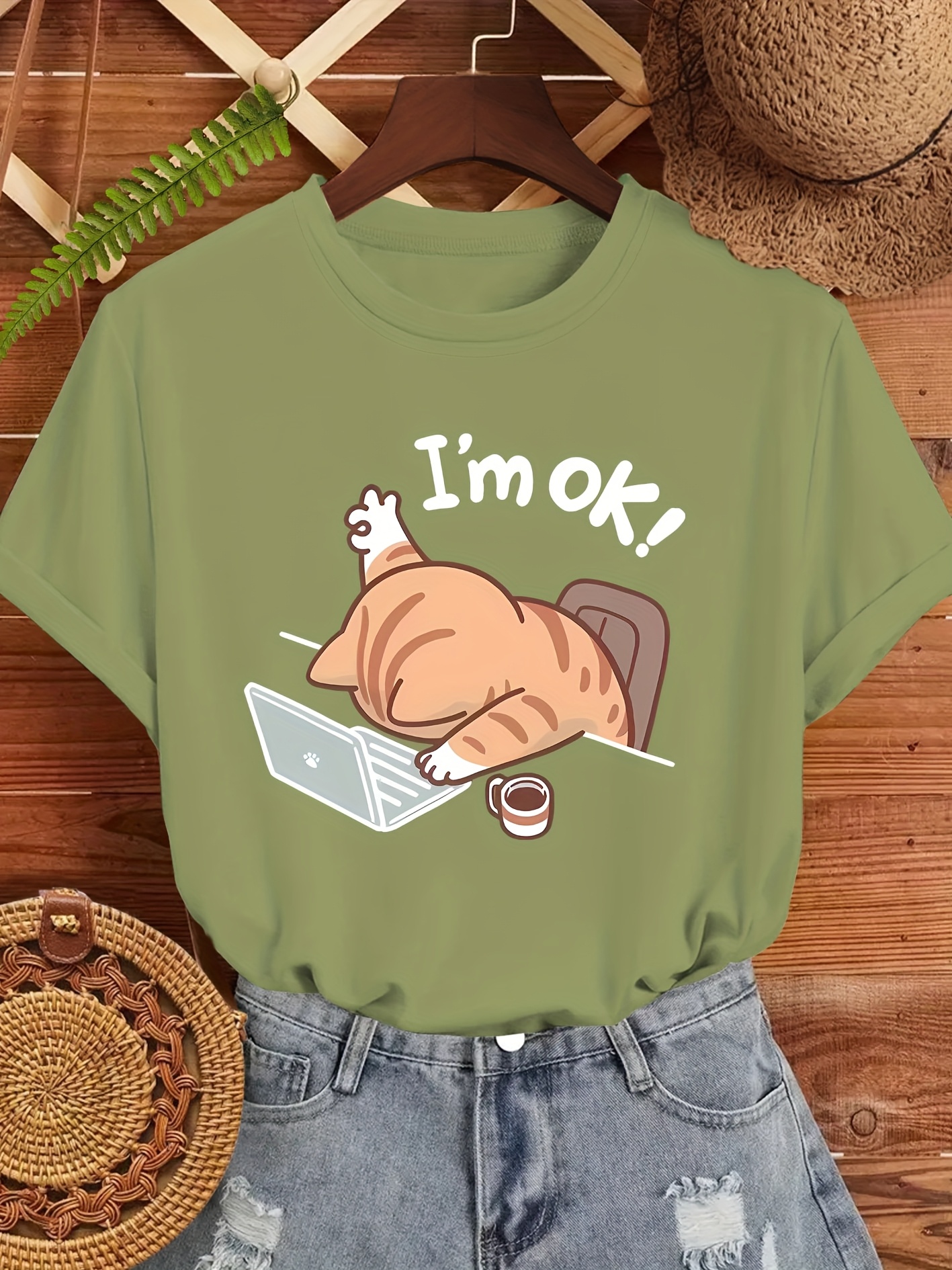 T-Shirt manches courtes col rond femme, mignon, imprimé chat I'm OK, décontracté, Beige, avec vêtements esthétiques élégants au Design de chat endormi