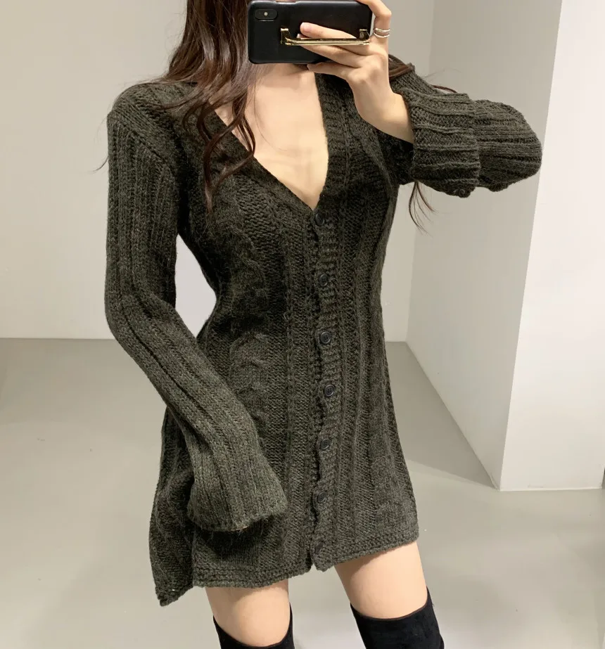 Robe pull pour femme, manches longues, tricot torsadé, boutonnée, ajustée, mini-robe, tenue rétro des années 90 pour adolescentes, automne-hiver