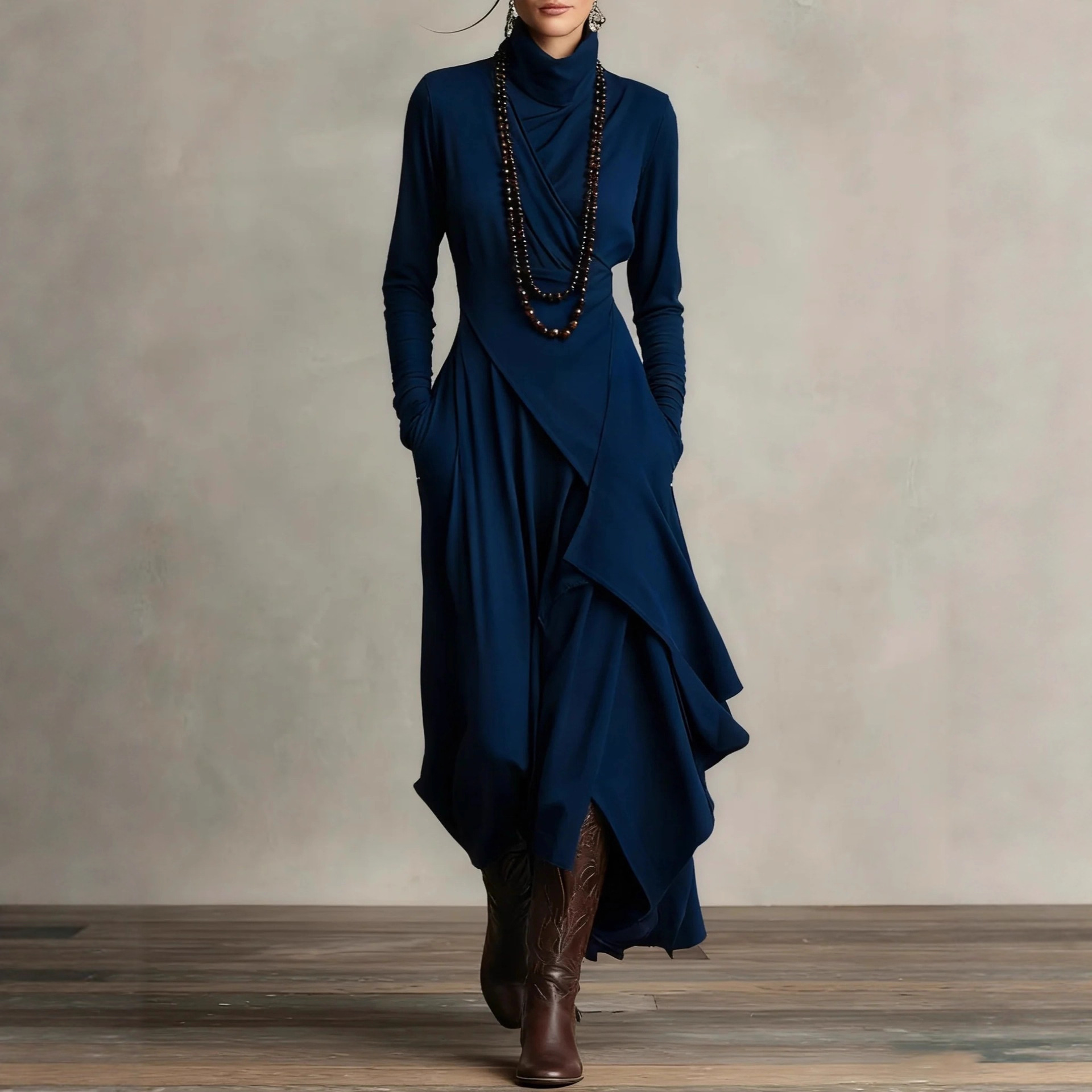 Vêtements d'automne, couleur unie, manches longues, design croisé, col haut, robe une pièce/jupe longue