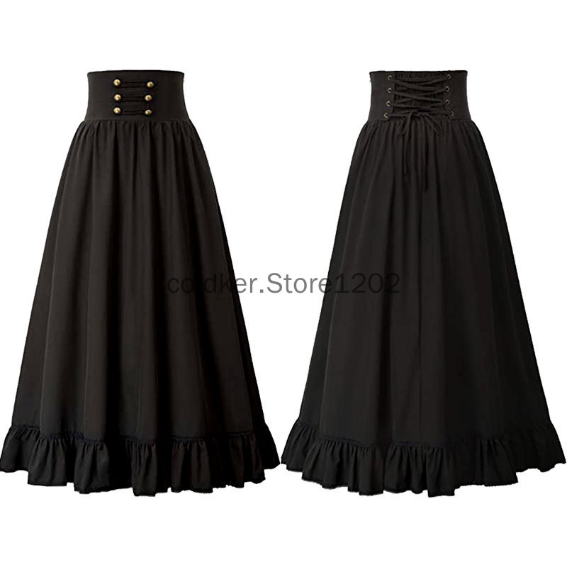Jupe longue victorienne taille haute pour femme, ourlet à volants gothique, jupe maxi trapèze, jupes de fête plissées, été médiéval, InX4, Steampunk