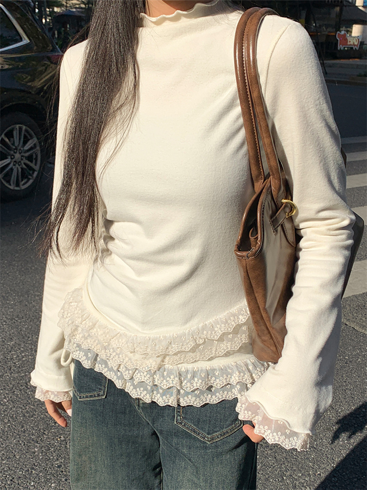 Chic dentelle Patchwork à manches longues T-shirt chemise de Base pour les femmes hiver mince demi-col haut pull