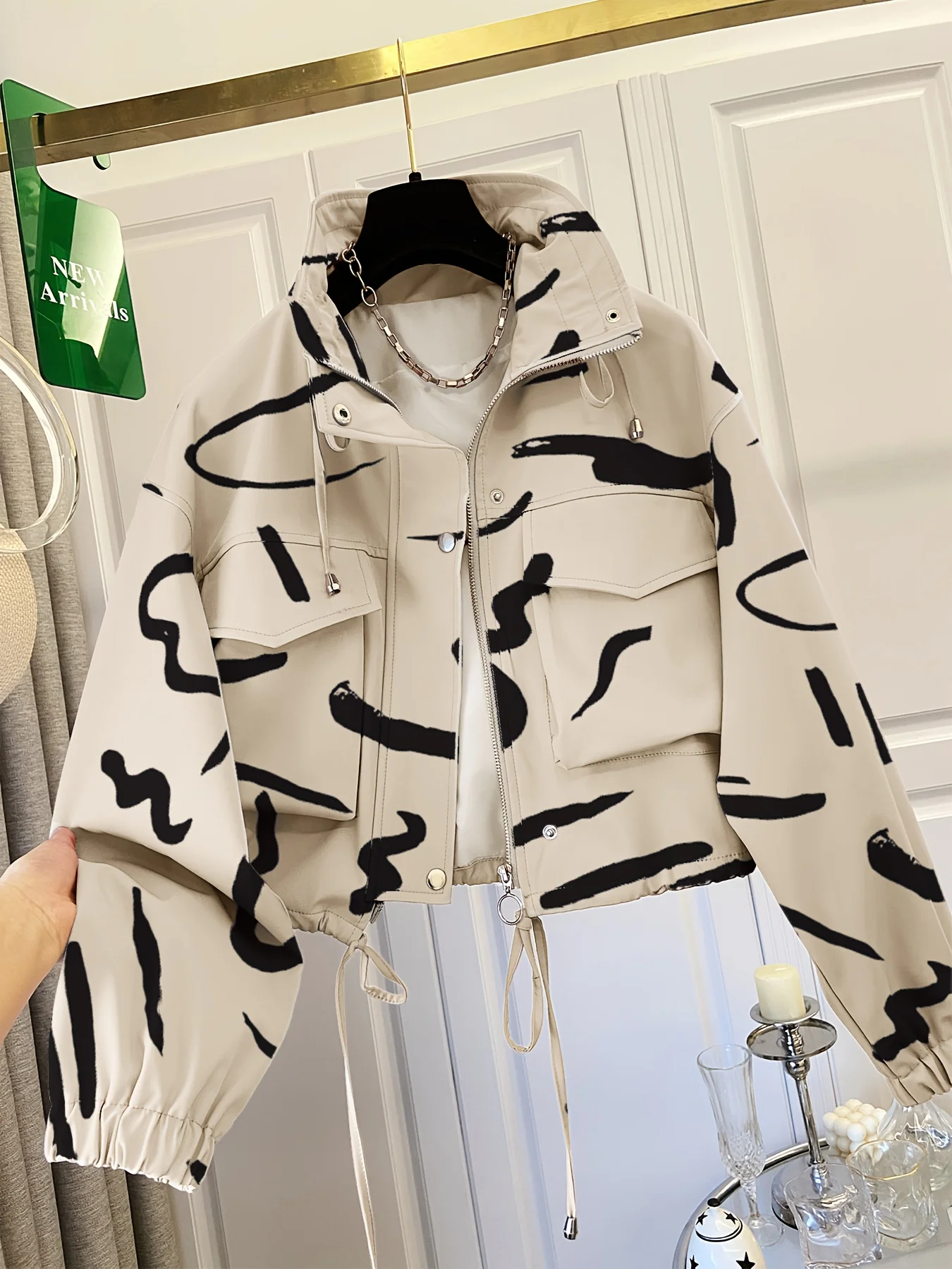 Veste décontractée à cordon de serrage imprimée à la mode pour femmes |   Printemps/Été, polyvalent pour les trajets quotidiens, les vacances et les soirées élégantes