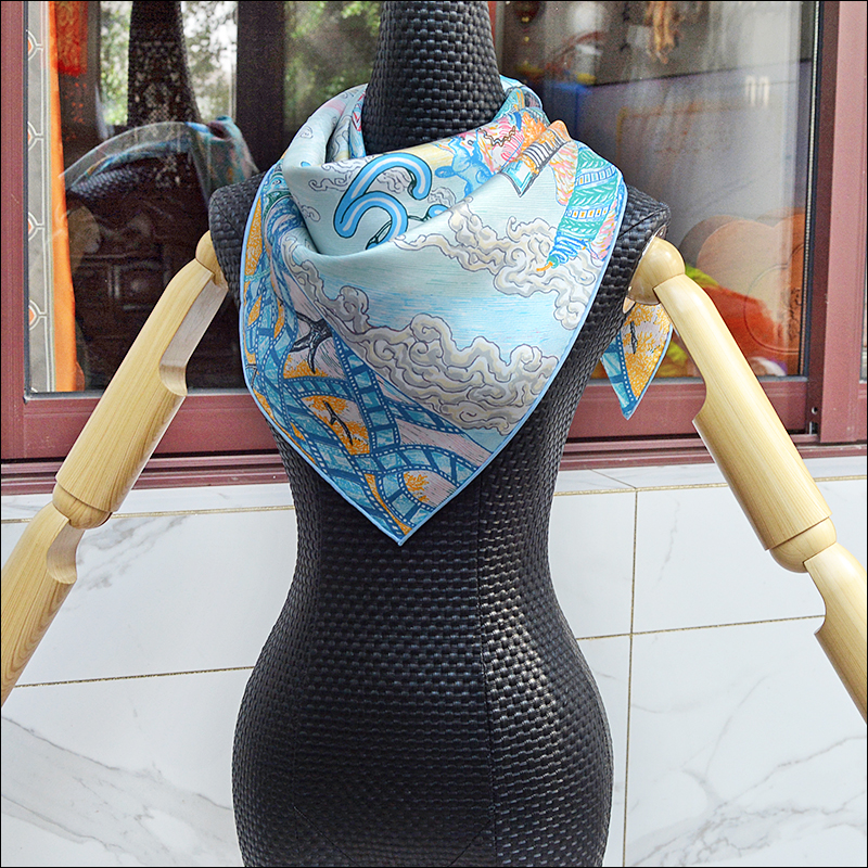 Écharpe de mode estivale en soie 90, carrée, en twill, procédé de peinture par pulvérisation, bord roulé à la main "M90F269-3"