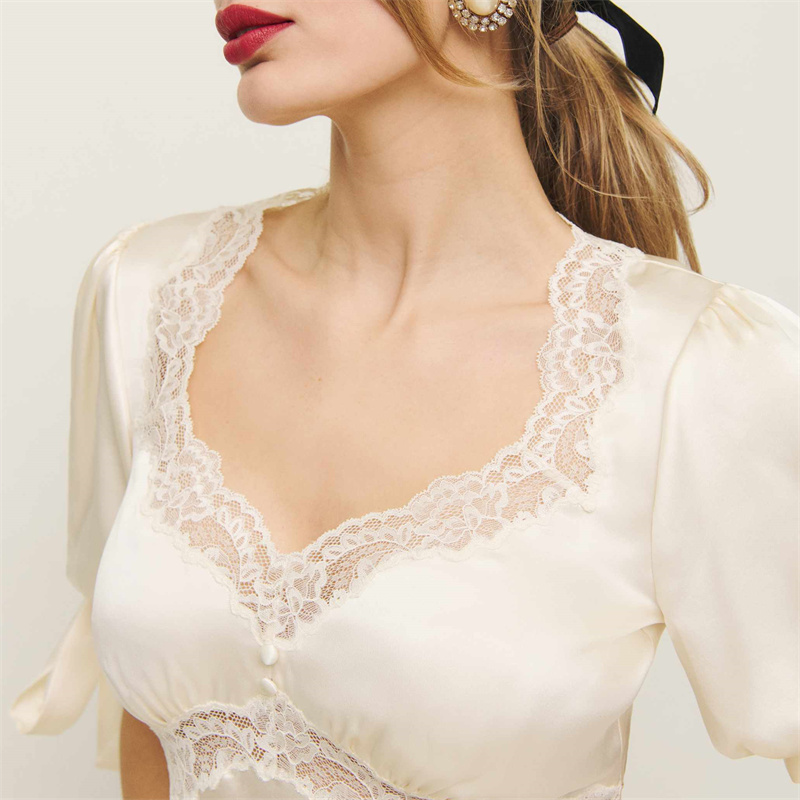 Chemisier d'été en Satin pour femmes, hauts en dentelle, Patchwork, manches courtes bouffantes, col en v, avec attaches en ruban réglables
