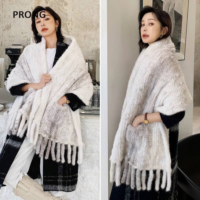 Écharpe en Fourrure de Vison group pour Femme, Style Long, Châles à Franges Naturelles, Pashmina Chaud pour l'Hiver