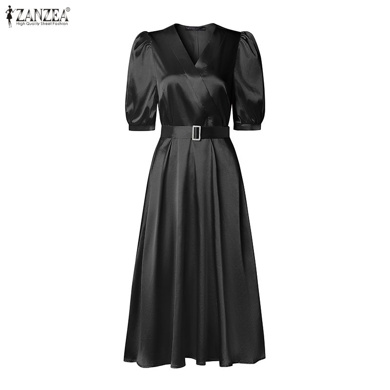 ZANZEA – robe mi-longue en satin soyeux pour femmes, élégante, col en v, manches courtes bouffantes, ceinture, coupe trapèze, robe de Cocktail gracieuse