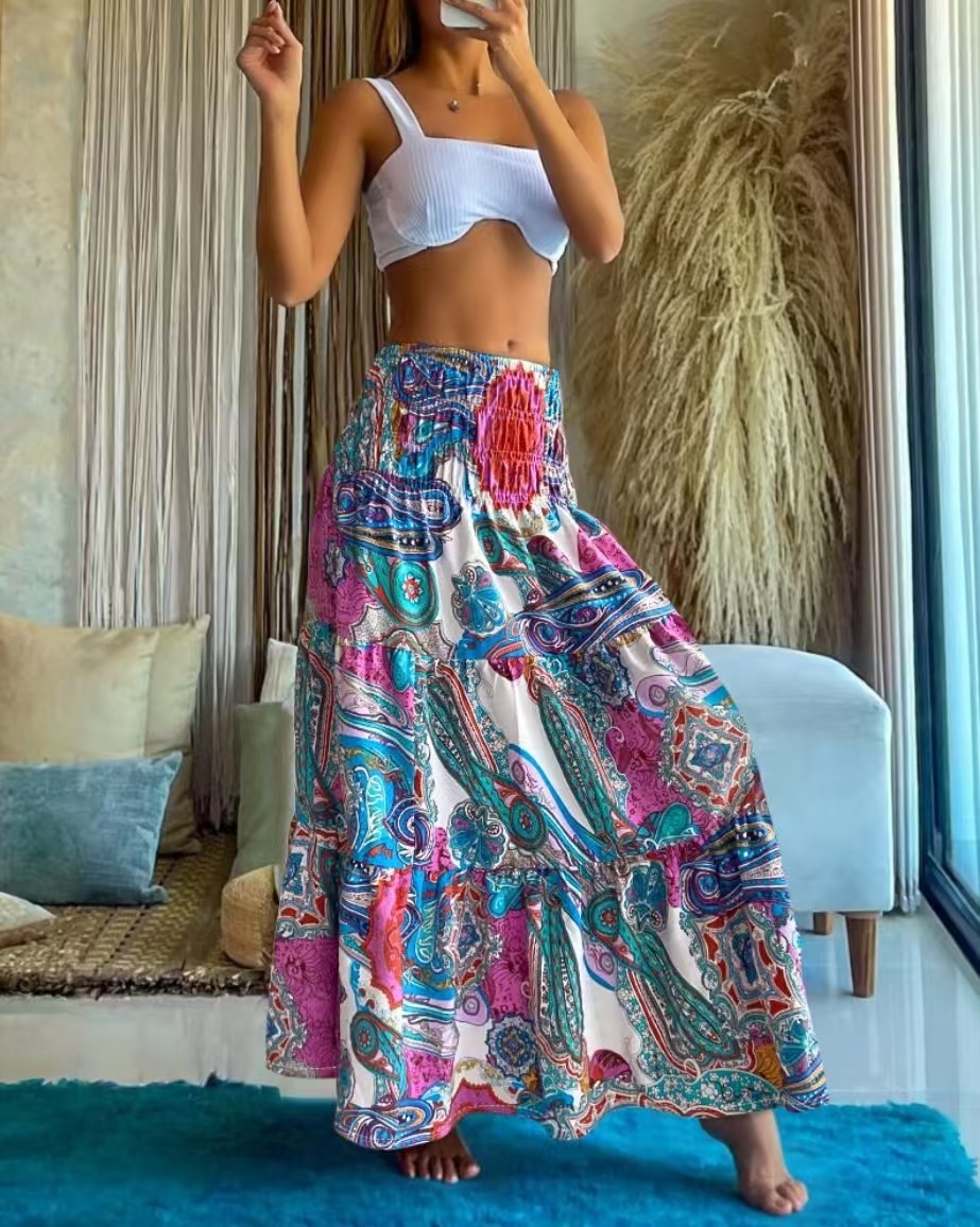 Mode Boho imprimé jupe longue décontracté rétro vacances Style taille élastique a-ligne grand ourlet jupe pour les femmes 2025 printemps été nouveau