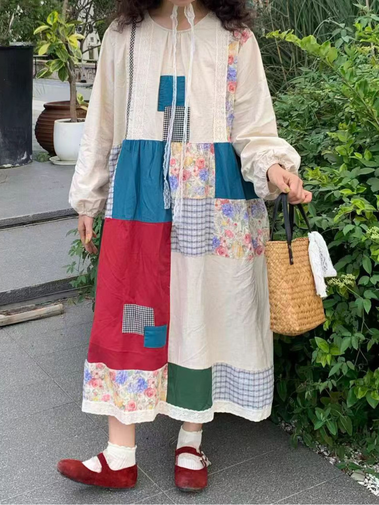 SHENGPALAE Robes Femme Patchwork Maxi Ample Vintage Bohème Manches Longues Poches Décontracté Artistique Surdimensionné Automne 2026 Nouveau