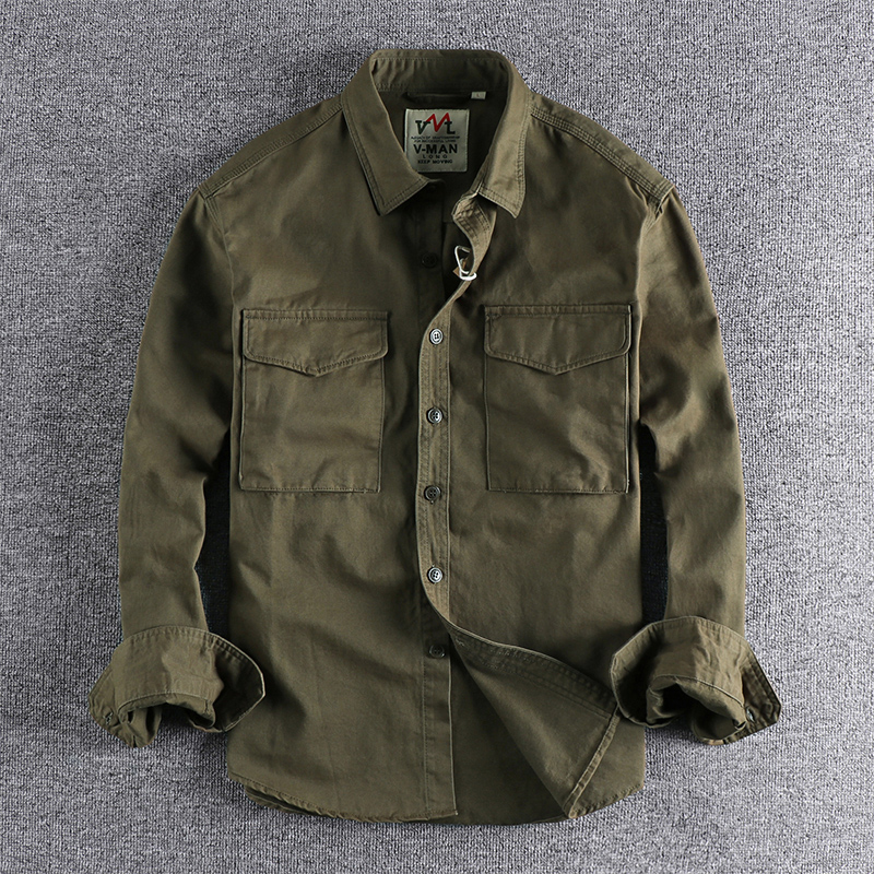 Chemise de travail pour hommes, kaki, lavage rétro, couleur unie, poche tridimensionnelle, tendance, veste ample, nouvelle collection automne 204