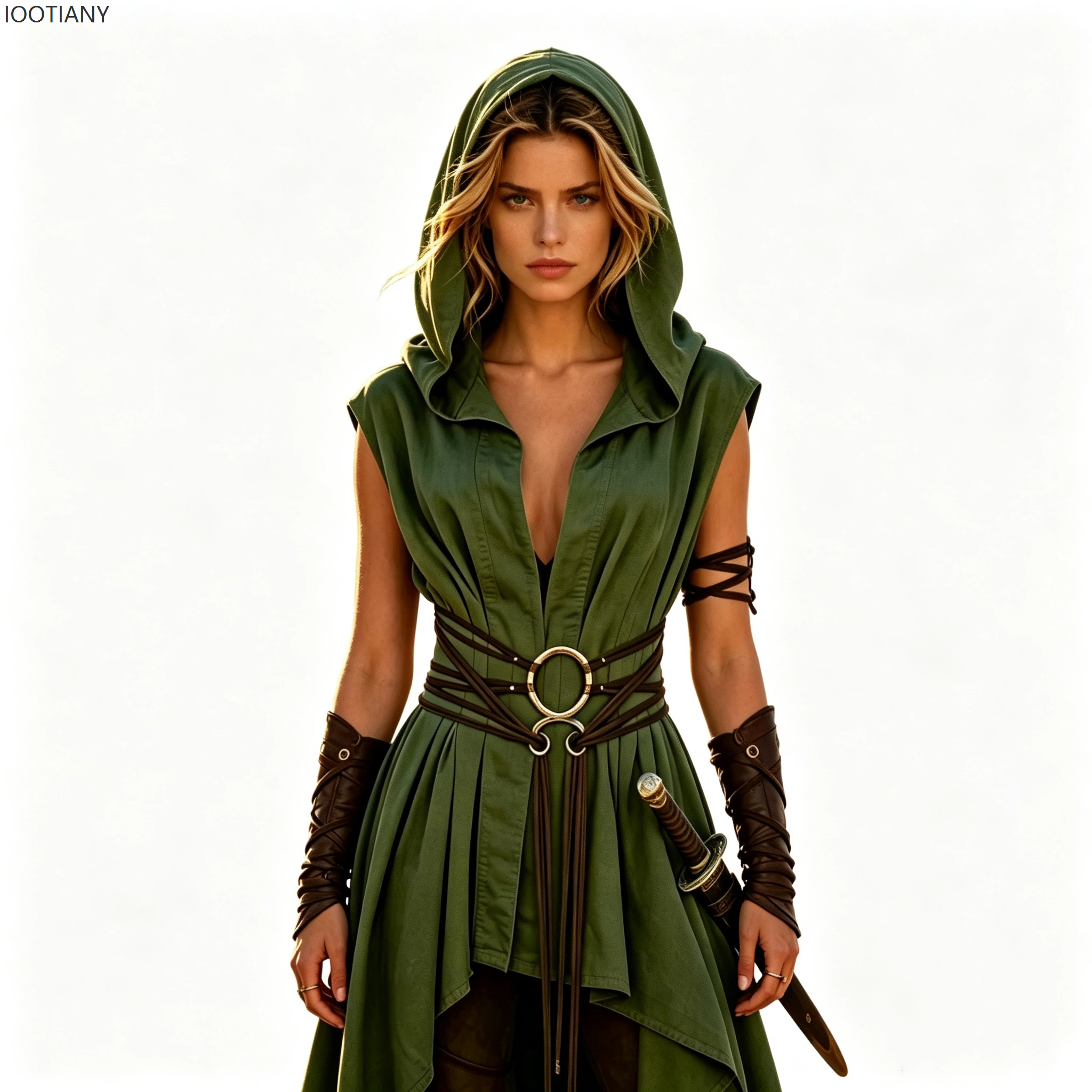 Robe tunique à capuche pour femme, style elfe médiéval, sans manches, ourlet irrégulier, ceinture en corde vintage, tenue de cosplay de chasseur gothique de la Renaissance.