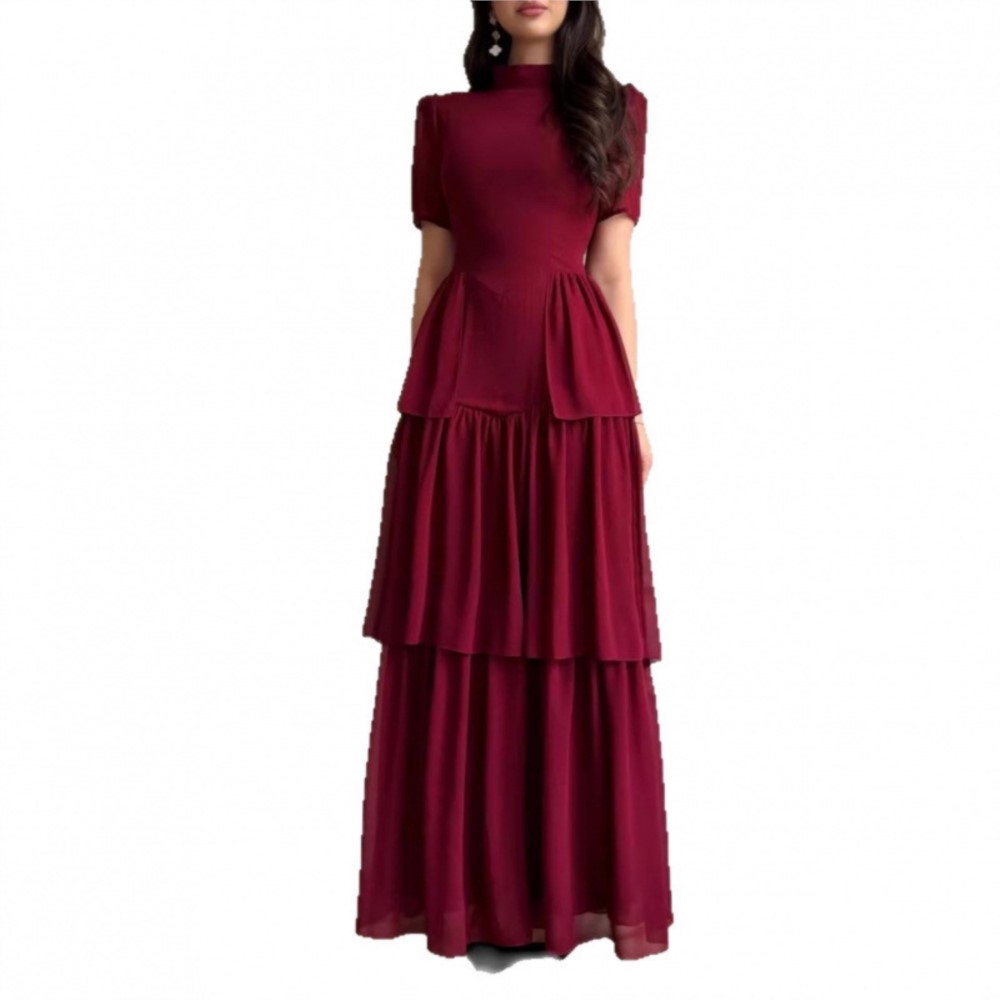 Robes Élégantes 2026 pour Femme – Robe de Soirée, Mariage, Cérémonie – Style Rétro, Manches Courtes, Plissée, Couleur Unie, Coupe Ajustée Chic