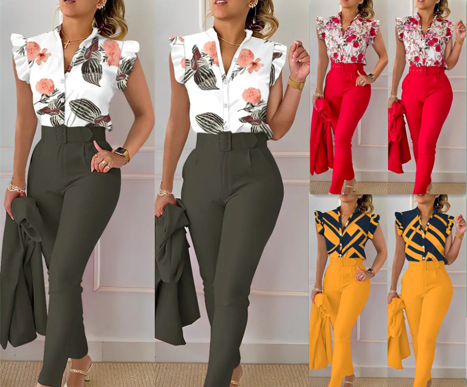 Été femmes africaines à manches courtes col en v Polyester 2 pièces haut pantalon Long impression ensembles assortis Dashiki vêtements africains
