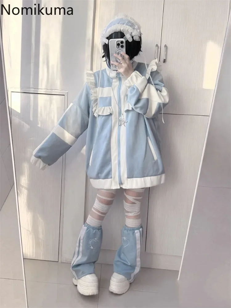 Manteau japonais pour femmes, Patchwork, manches longues, vêtements d'extérieur surdimensionnés, hauts Y2k, Style Preppy, décontracté, mode, volants, vestes Lolita Y2k
