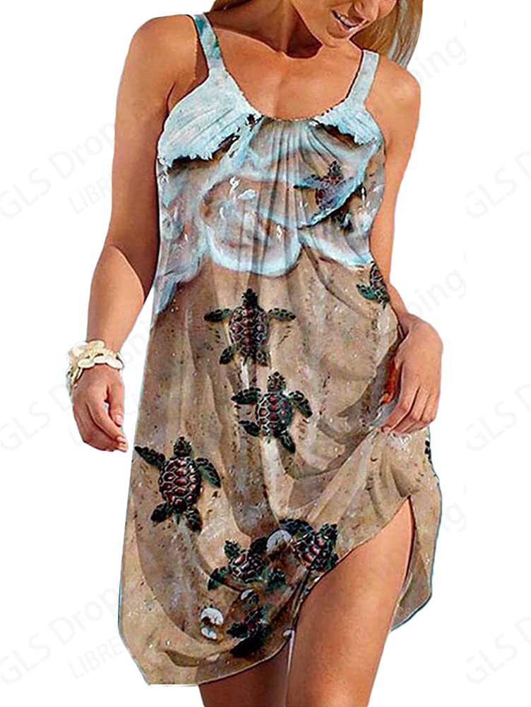 Robe de plage sans manches 3D tortue marine pour femme, style bohème, mini-robe à bretelles, élégante, décontractée, pour soirée, dégradé