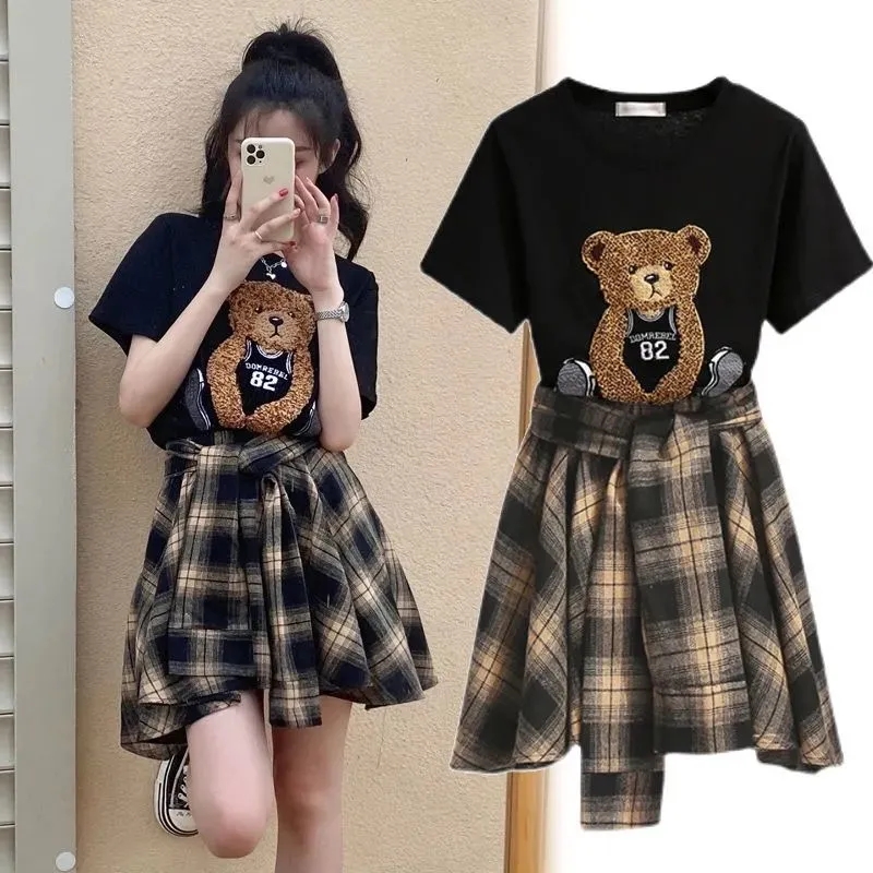 Ensemble jupe et haut d'été pour femme, t-shirt noir à manches courtes, jupe à carreaux trempée, mode esthétique