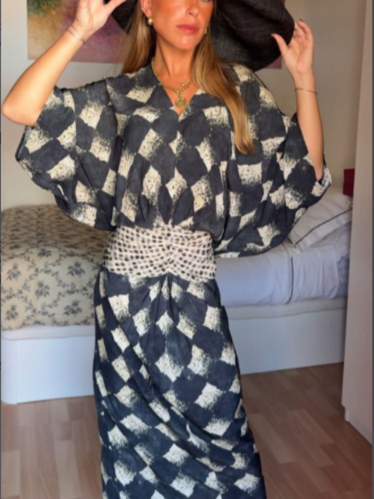 Robe longue élégante à imprimé écossais pour femme, col en V, manches chauve-souris, taille cintrée, collection Printemps-Été 2026, tenue décontractée pour les vacances