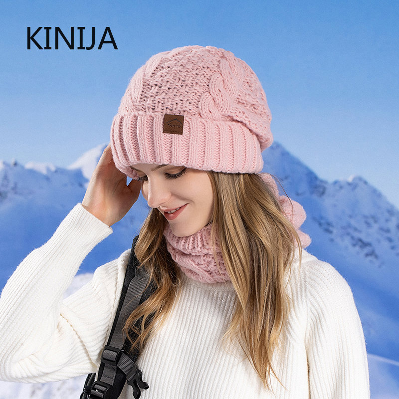Ensemble écharpe et chapeau tricoté pour femmes, doublure polaire épaisse, Skullcap, cyclisme en plein air, Protection contre le vent chaud, hiver