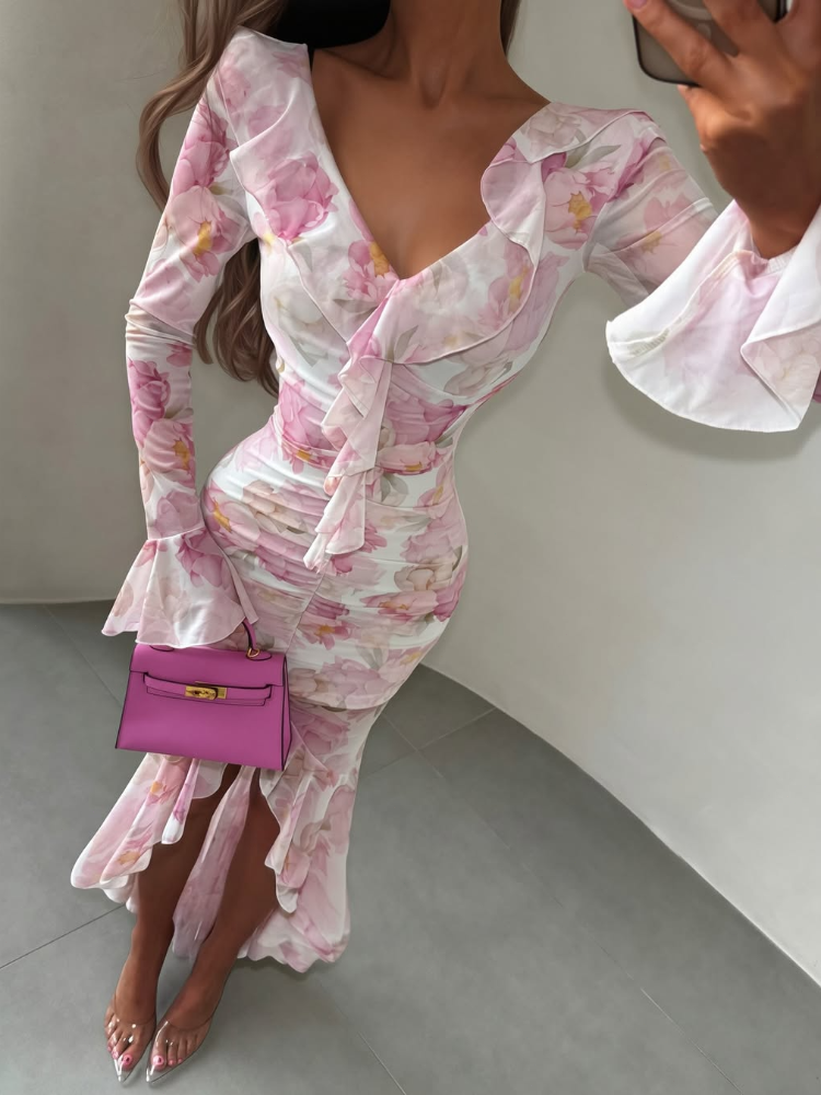 Robe longue chic rose à imprimé floral pour femme, élégante, col en V, volants, manches évasées, froncée, en mousseline, tenue de soirée 2026