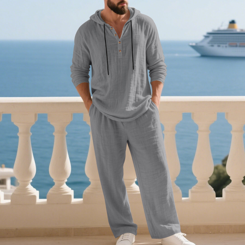 Ensemble chemise à capuche en lin et pantalon de couleur unie pour homme, style américain, printemps-automne, décontracté, confortable et respirant