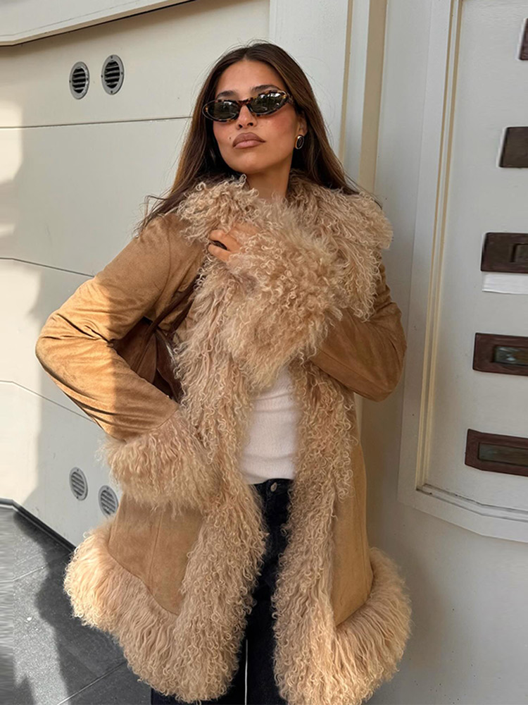 Manteau Long vert Olive pour femme, col flou et manchette, grand col à revers, Double boutonnage, vêtements d'extérieur quotidiens décontractés, hiver 2025