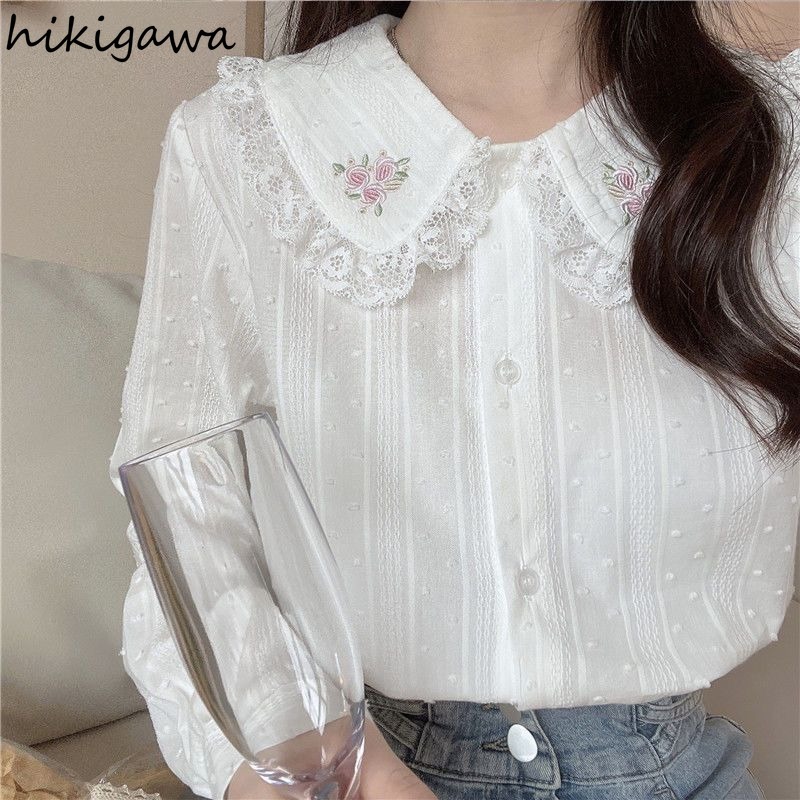 Chemises en coton avec broderie florale en dentelle pour femmes, chemisiers à col claudine, manches longues, vêtements doux, 2025