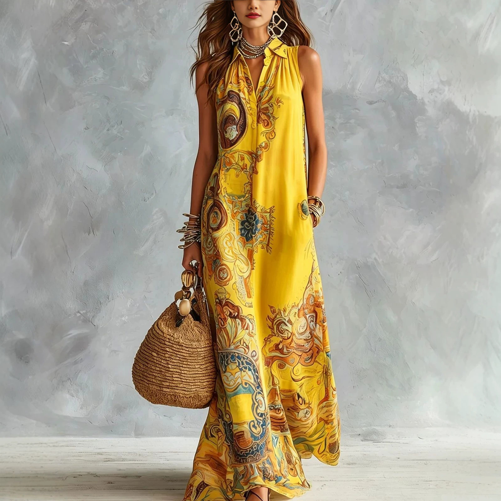 Robe longue élégante sans manches pour femme, imprimé numérique, col rabattu, simple boutonnage, fluide, décontractée, style bohème, été, Vestido