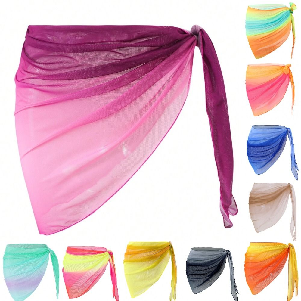 Robe de plage en mousseline de soie, longueur courte, tissu transparent, sarong respirant à séchage rapide, couleur dégradée, paréo de bikini
