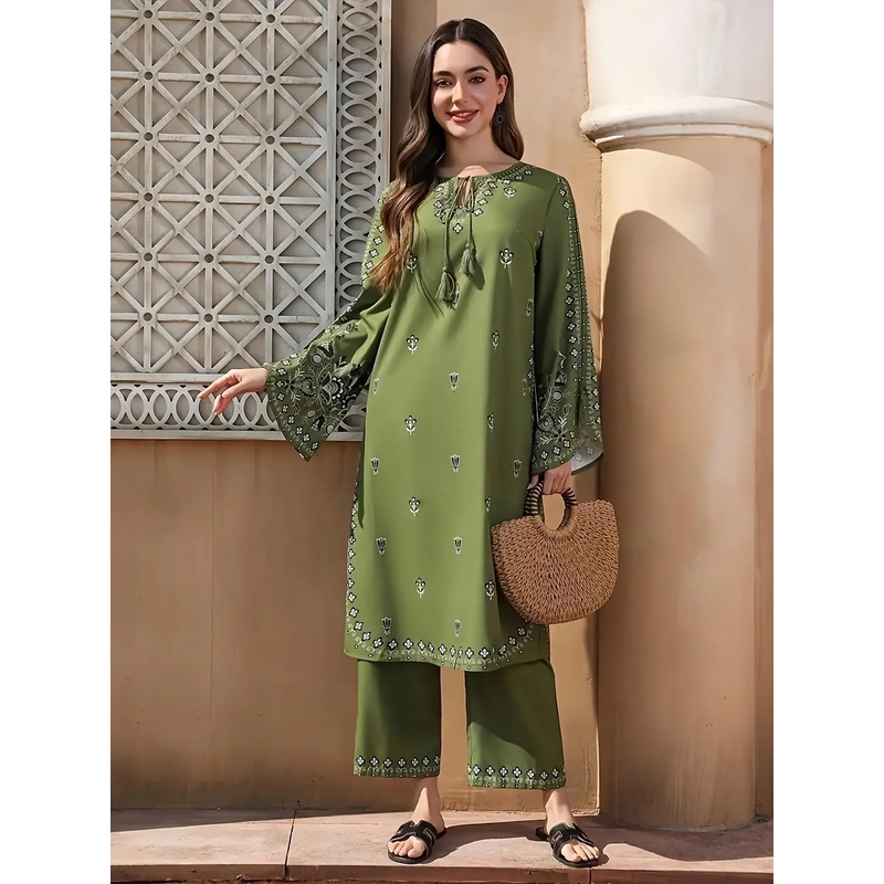 Ensemble Salwar Chic Bohème 2 Pièces, Imprimé Ethnique, Léger et Non Transparent, Mode Ramadan avec Poignets et Ourlet Évasés pour Femme, Idéal pour l'Extérieur