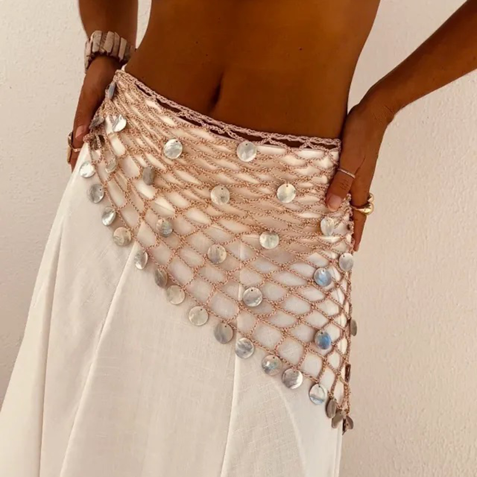 Foulard de hanche pour femme, jupe de danse orientale en résille à paillettes, jupe de danse de salon, mini-jupe de spectacle, jupe de plage tricotée irrégulière