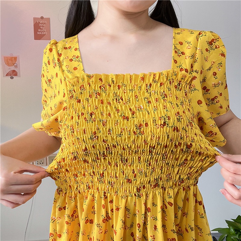 Printemps été robe en mousseline de soie femmes robes décontractées femme taille élastique à manches courtes imprimé fleuri Midi robes trapèze robes