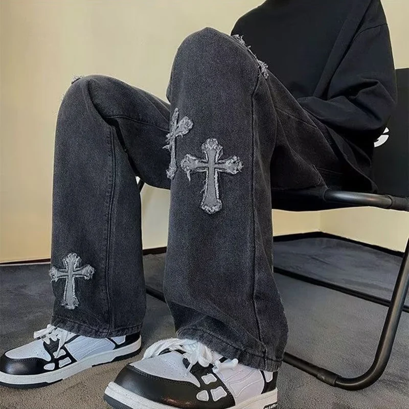 Jean en Denim à jambes droites pour hommes, nouvelle mode décontractée, ample, pantalon Y2k, jambes larges, Hip Hop, noir, bleu