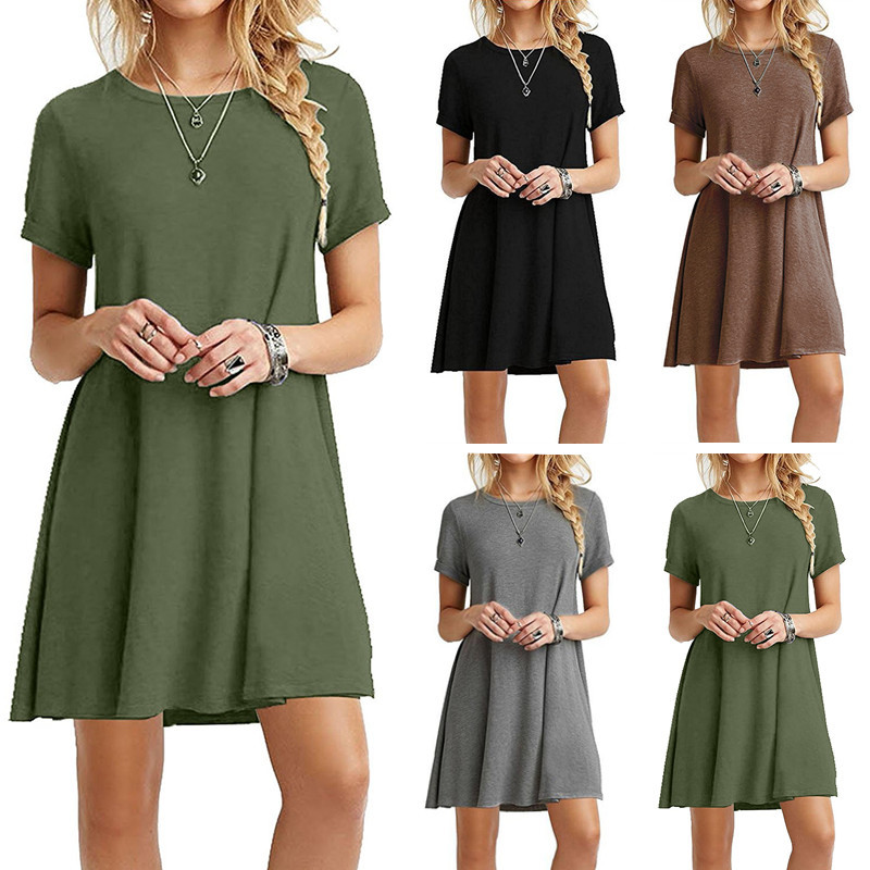 Femmes décontracté à manches courtes t-shirt robe Vintage col rond imprimé Mini robe ample élégant Simple Mini robe Streetwear robe d'été