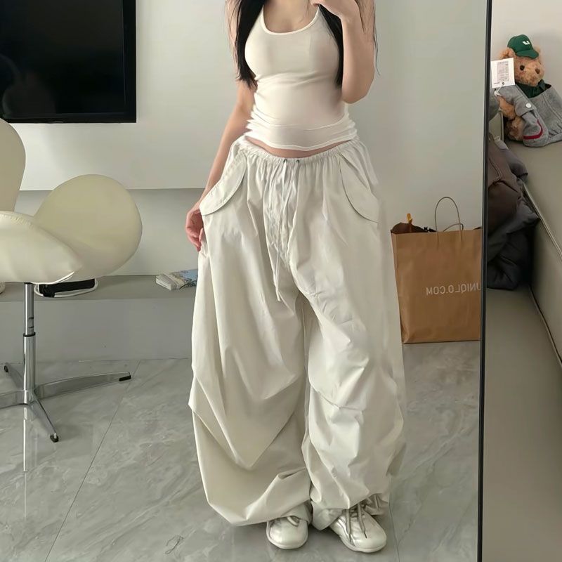 Deeptown Beige surdimensionné femmes Parachute pantalon basique jambe large Jogging mode coréenne Cargo pantalons de survêtement Baggy Hip Hop décontracté nouveau