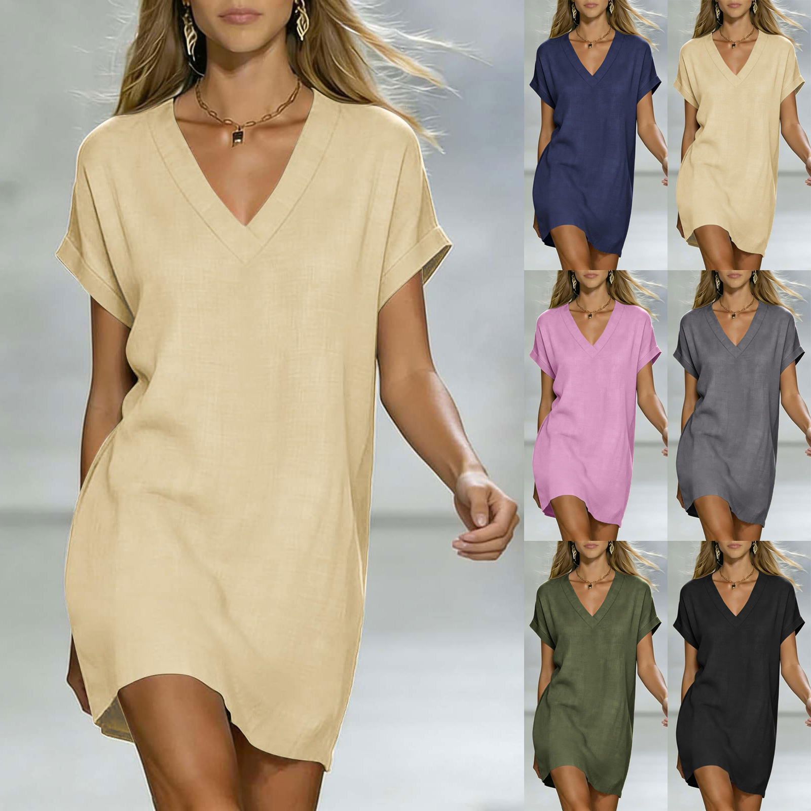 Robes d'été tendance pour femmes 2026 – Robes décontractées en coton et lin à manches courtes, col en V, style t-shirt ample, pour la plage
