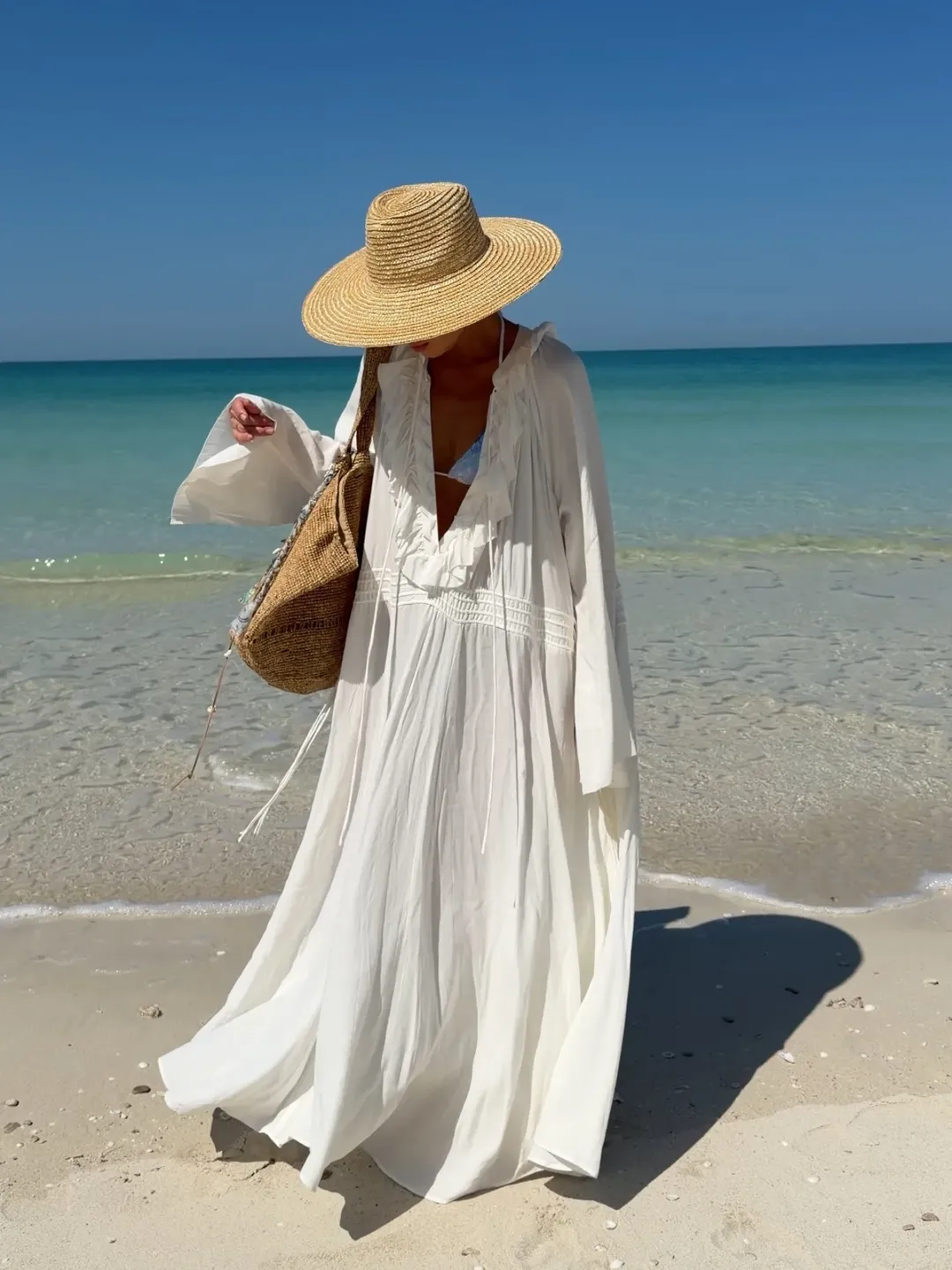 Robe de plage maxi de luxe pour femme, élégante, à col en V, avec volants, manches longues, coupe oversize, pour les vacances