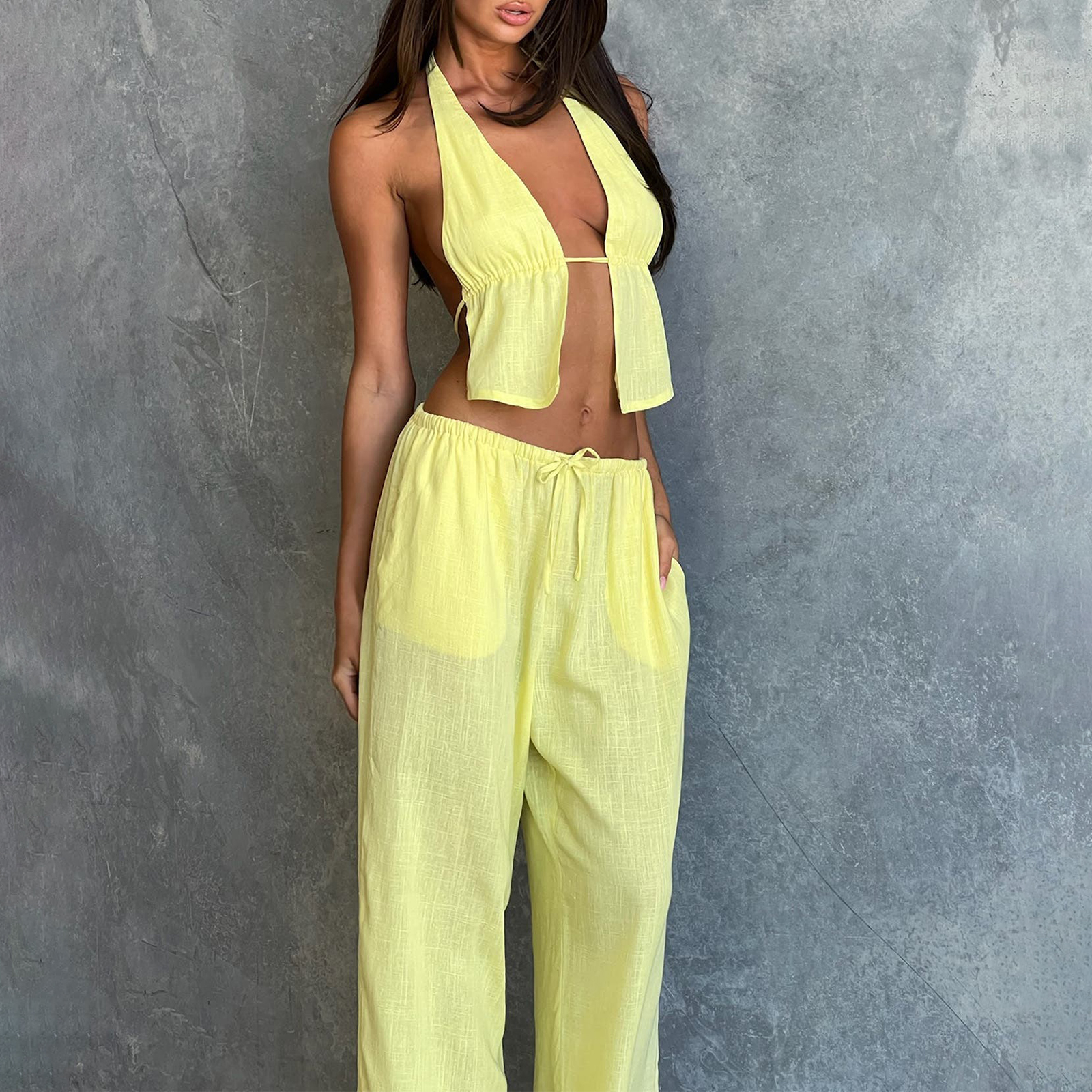 Pantalon à rayures et dos nu pour femme, tenue d'été à la mode, col licou, pantalon à jambes larges, ensemble de vêtements 2 pièces