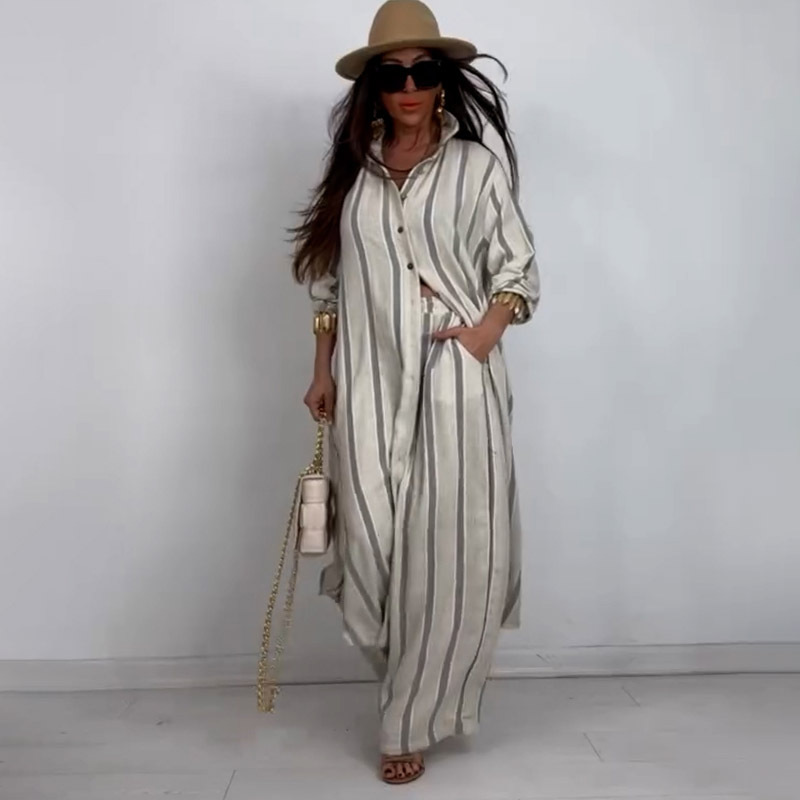 Femmes musulmanes 2 pièces Ensemble chemise rayée haut pantalon à jambes larges costume simple boutonnage poches pantalons tenues 2025 automne Ensemble