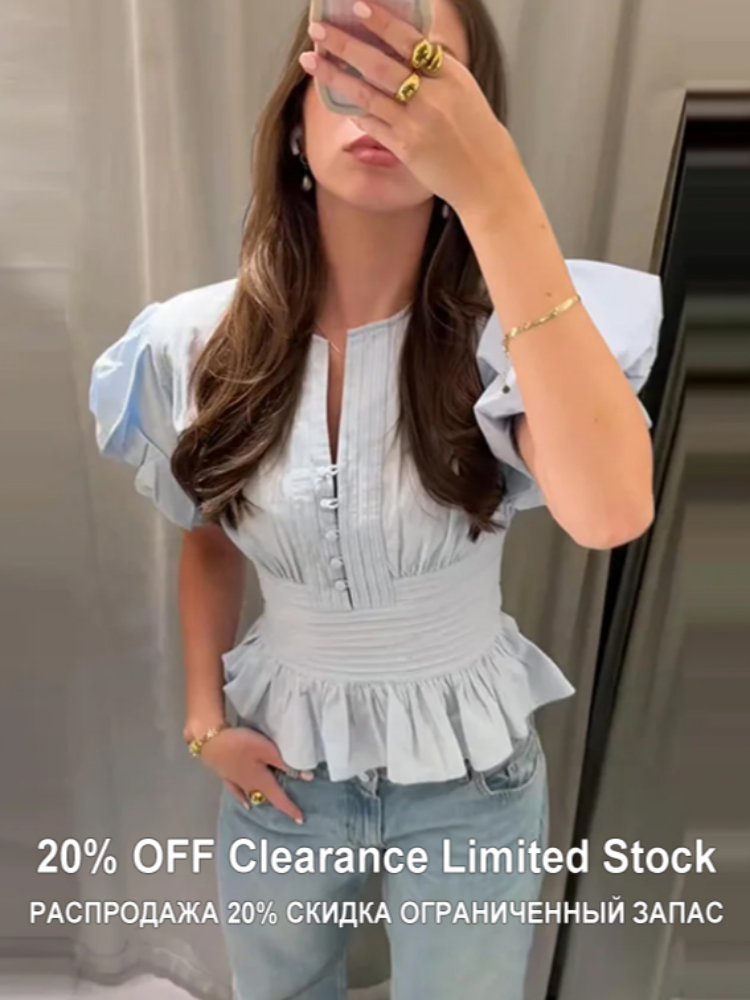 Chemisier en mousseline pour femme, col fendu, simple boutonnage, manches bouffantes, taille smockée, ourlet à volants, élégant, décontracté, chic, tenues d'été 2026