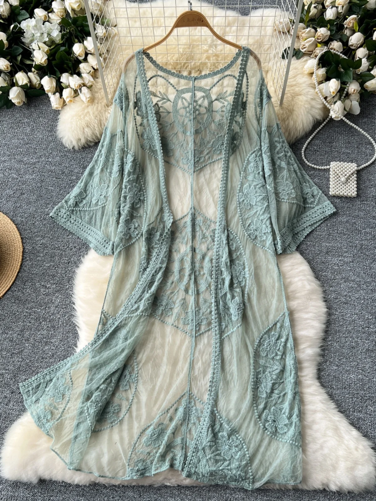 Boho-Cardigan de plage en dentelle transparente pour femmes, broderie florale, décontracté, élégant, manteau long, livraison directe, été