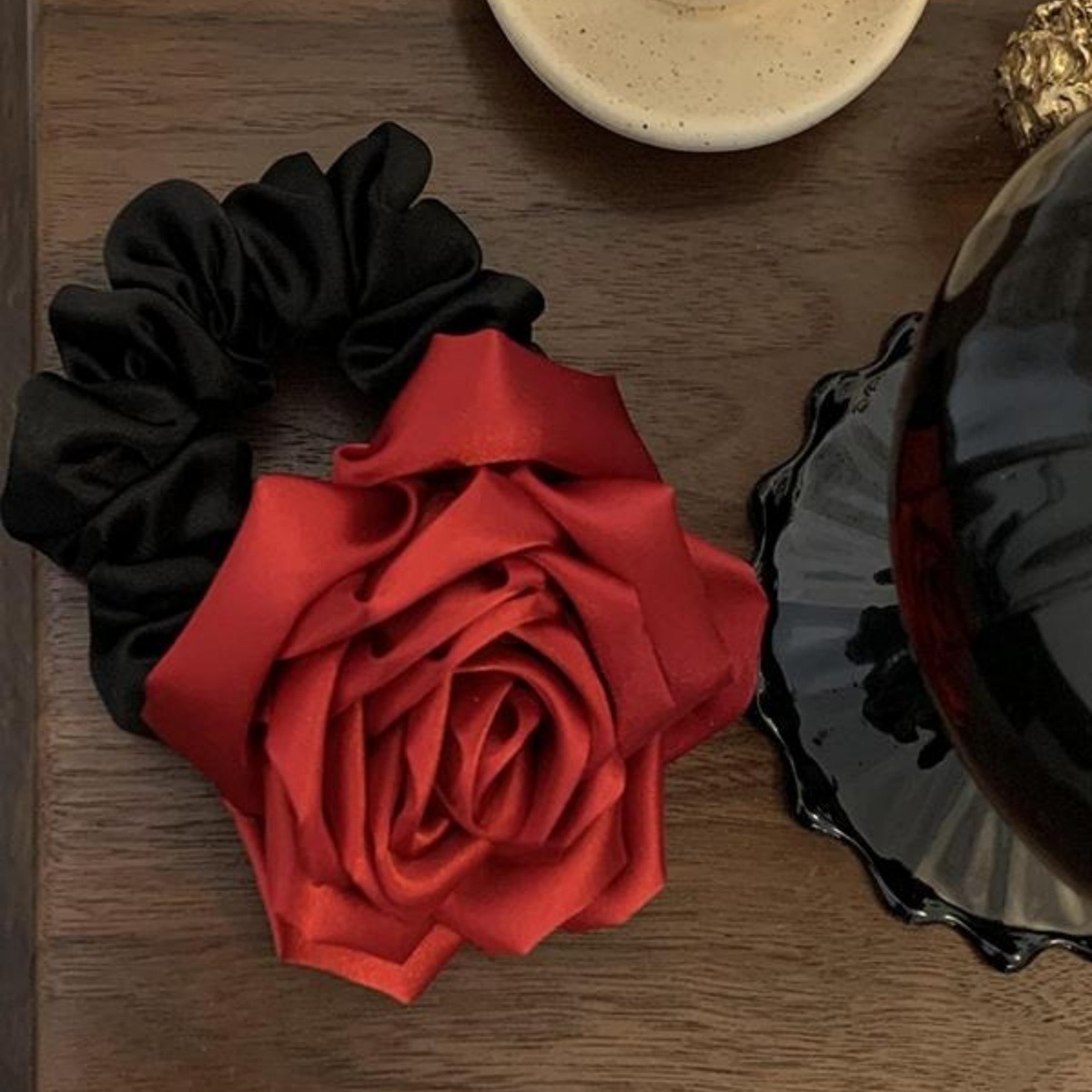 Chouchous en Satin rétro français Rose rouge, chouchous surdimensionnés à haute élasticité, bandes de fleurs, accessoires pour cheveux pour femmes et filles