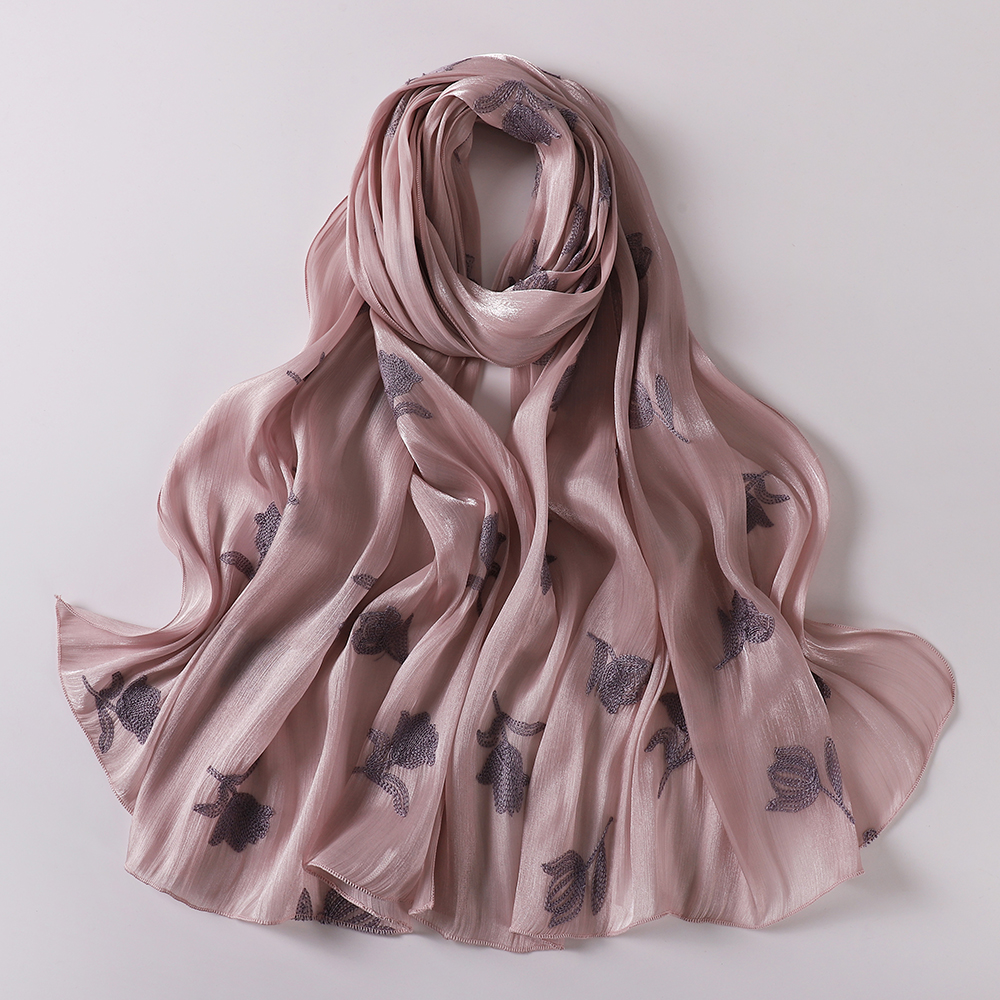 Hijab élégant à broderie florale, foulard islamique tendance pour femmes, hijab scintillant, léger, en tissu froissé uni