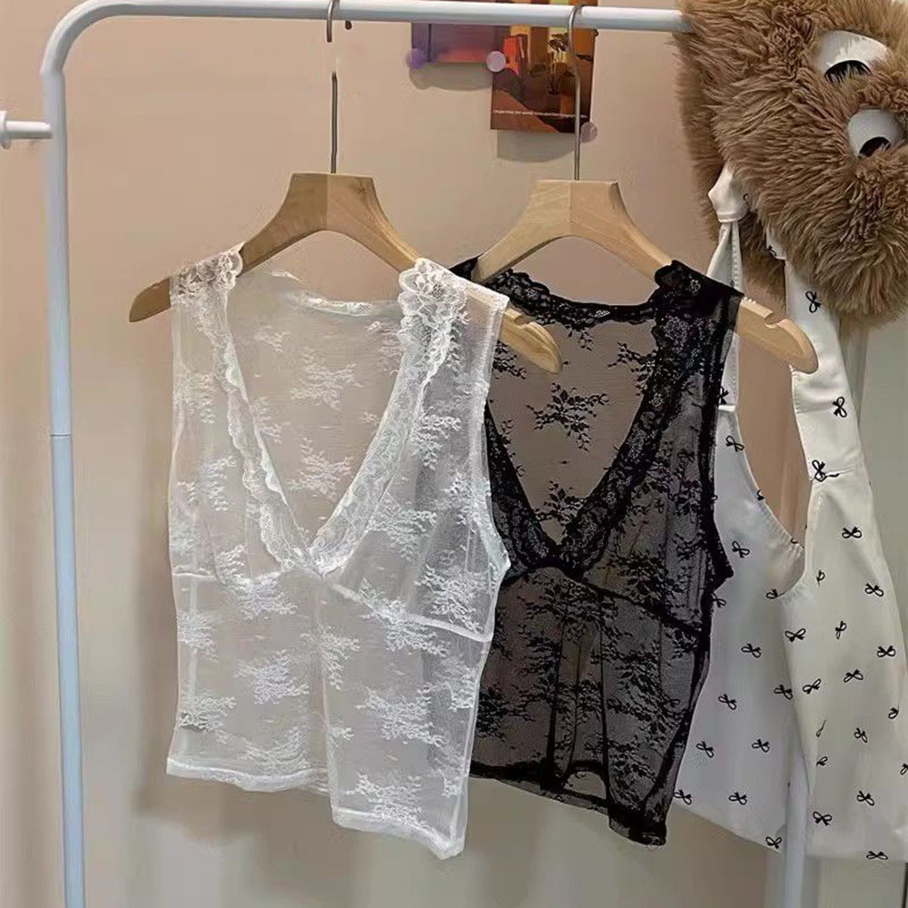Nouveaux débardeurs en dentelle pour femmes, débardeur d'été sexy, camisole transparente en dentelle florale, crop top transparent, t-shirts sans manches Y2K