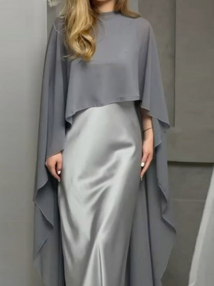 Robe Maxi en Satin pour femmes, grande taille, avec Cape en mousseline de soie, ample, élégante, sans manches, robe formelle, tenue de Festival décontractée, été