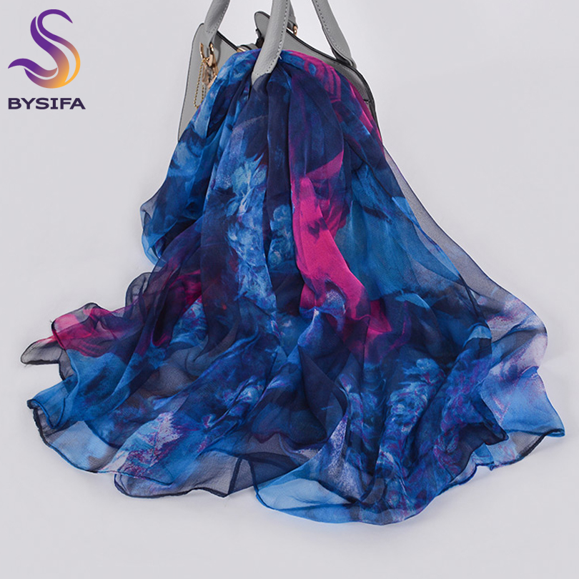 BYSIFA – Foulard Long en soie Pure pour femmes, marque de luxe, bleu, rose, élégant, cache-cou, châles de plage, nouvelle collection