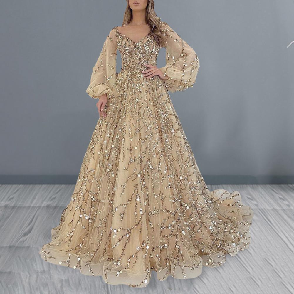 Robe de soirée pour femmes, manches lanternes, col en V, paillettes brillantes, ligne a, Double couche, longueur au sol, maille, robe de Cocktail, robe de bal